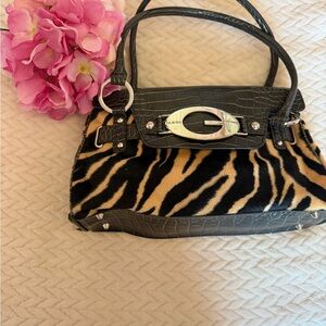 Guess Zebra Print Shoulder Bag in Black and Tan